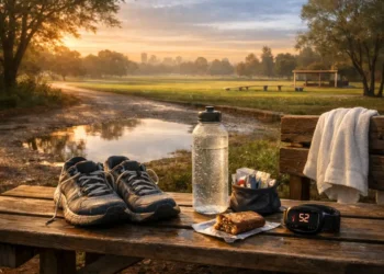 Recuperação depois da corrida: gráfico ou foto de atleta caminhando 5–10 min após treino, hidratação com sódio e carboidratos para recuperação muscular.