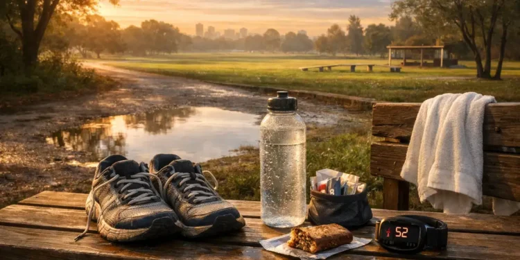 Recuperação depois da corrida: gráfico ou foto de atleta caminhando 5–10 min após treino, hidratação com sódio e carboidratos para recuperação muscular.